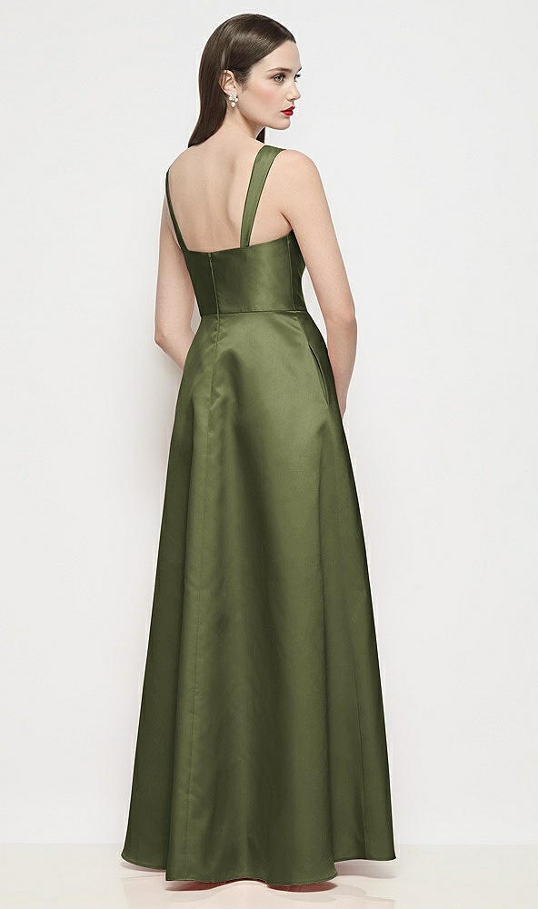 Back View - Olive Green Shaped Strap Basque Neck Satin Maxi Dress with Pleated Skirt