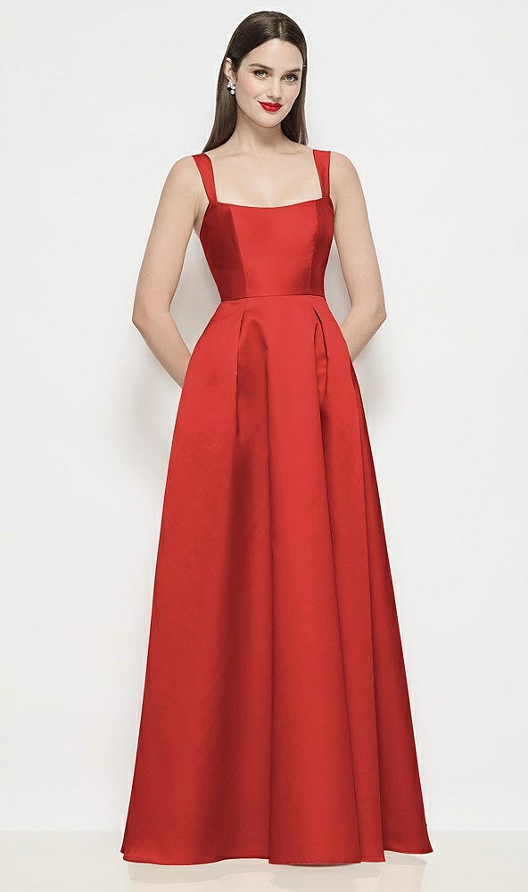 Front View - Poppy Red Shaped Strap Basque Neck Satin Maxi Dress with Pleated Skirt