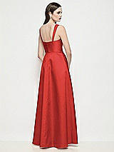 Rear View Thumbnail - Poppy Red Shaped Strap Basque Neck Satin Maxi Dress with Pleated Skirt