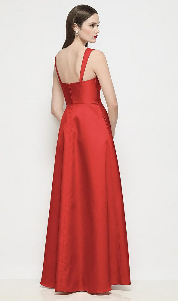 Back View - Poppy Red Shaped Strap Basque Neck Satin Maxi Dress with Pleated Skirt