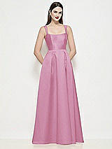 Front View Thumbnail - Powder Pink Shaped Strap Basque Neck Satin Maxi Dress with Pleated Skirt