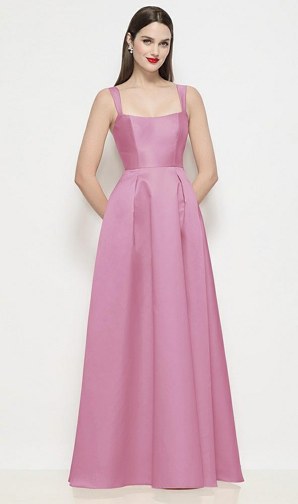 Front View - Powder Pink Shaped Strap Basque Neck Satin Maxi Dress with Pleated Skirt