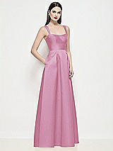 Side View Thumbnail - Powder Pink Shaped Strap Basque Neck Satin Maxi Dress with Pleated Skirt