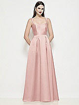 Front View Thumbnail - Rose Shaped Strap Basque Neck Satin Maxi Dress with Pleated Skirt
