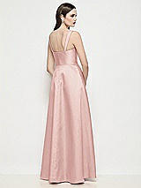Rear View Thumbnail - Rose Shaped Strap Basque Neck Satin Maxi Dress with Pleated Skirt