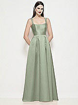 Front View Thumbnail - Sage Shaped Strap Basque Neck Satin Maxi Dress with Pleated Skirt