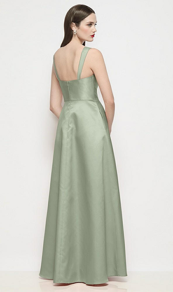 Back View - Sage Shaped Strap Basque Neck Satin Maxi Dress with Pleated Skirt