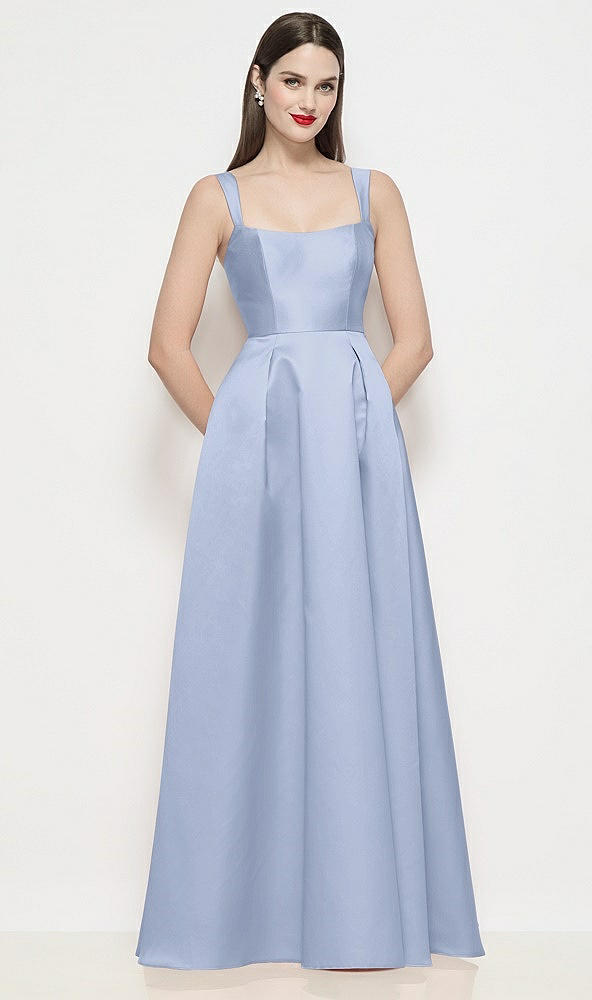 Front View - Sky Blue Shaped Strap Basque Neck Satin Maxi Dress with Pleated Skirt