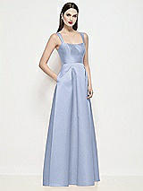 Side View Thumbnail - Sky Blue Shaped Strap Basque Neck Satin Maxi Dress with Pleated Skirt