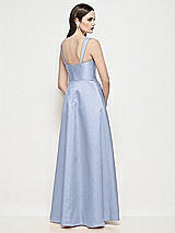 Rear View Thumbnail - Sky Blue Shaped Strap Basque Neck Satin Maxi Dress with Pleated Skirt