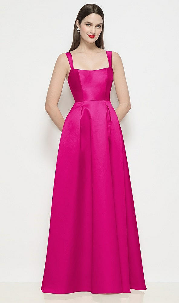 Front View - Think Pink Shaped Strap Basque Neck Satin Maxi Dress with Pleated Skirt