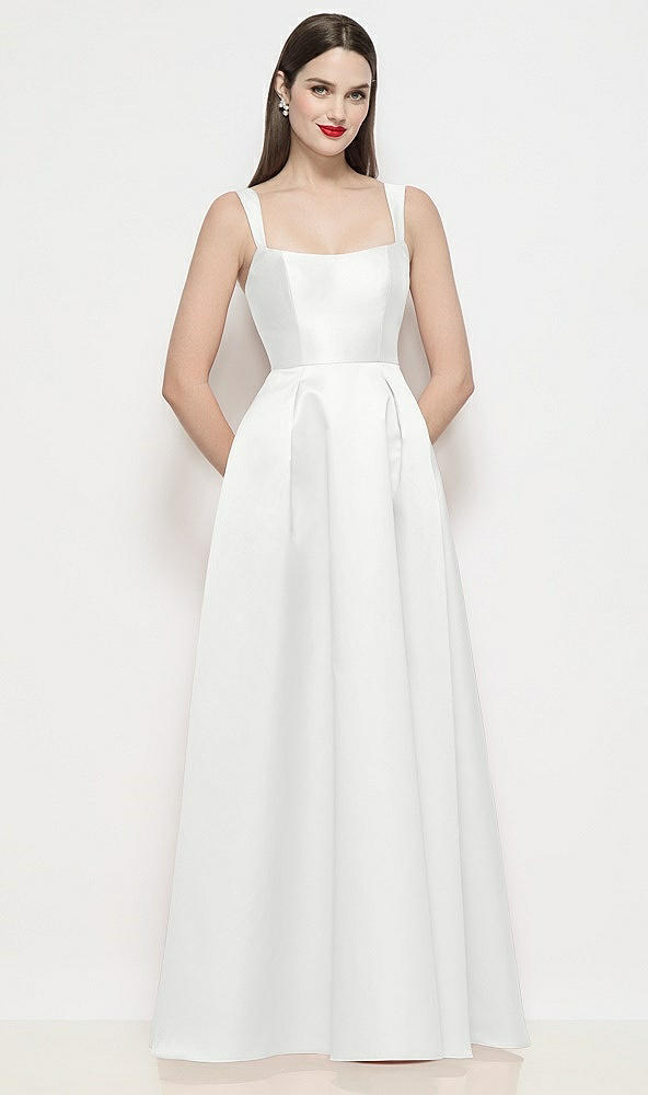 Front View - White Shaped Strap Basque Neck Satin Maxi Dress with Pleated Skirt