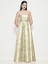 Front View Thumbnail - Butter Yellow Floral Shaped Strap Basque Neck Floral Satin Maxi Dress with Pleated Skirt