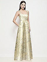 Side View Thumbnail - Butter Yellow Floral Shaped Strap Basque Neck Floral Satin Maxi Dress with Pleated Skirt