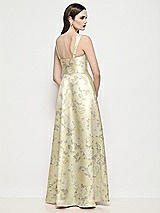 Rear View Thumbnail - Butter Yellow Floral Shaped Strap Basque Neck Floral Satin Maxi Dress with Pleated Skirt