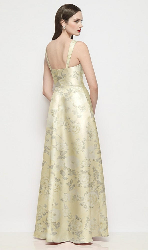 Back View - Butter Yellow Floral Shaped Strap Basque Neck Floral Satin Maxi Dress with Pleated Skirt
