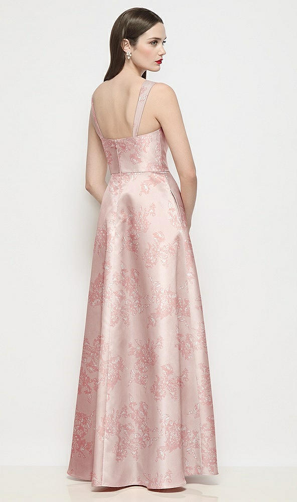 Back View - Bow And Blossom Print Shaped Strap Basque Neck Floral Satin Maxi Dress with Pleated Skirt