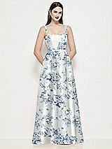 Front View Thumbnail - Cottage Rose Larkspur Shaped Strap Basque Neck Floral Satin Maxi Dress with Pleated Skirt