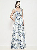 Side View Thumbnail - Cottage Rose Larkspur Shaped Strap Basque Neck Floral Satin Maxi Dress with Pleated Skirt