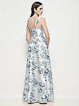 Rear View Thumbnail - Cottage Rose Larkspur Shaped Strap Basque Neck Floral Satin Maxi Dress with Pleated Skirt