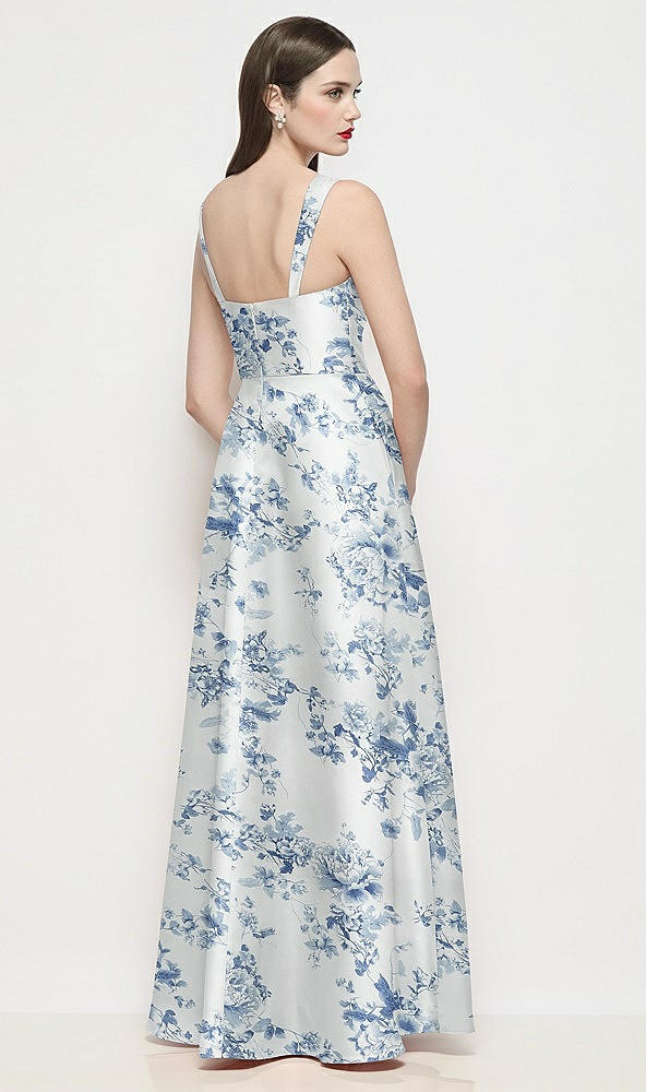 Back View - Cottage Rose Larkspur Shaped Strap Basque Neck Floral Satin Maxi Dress with Pleated Skirt