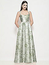Front View Thumbnail - Sage Cottage Rose Shaped Strap Basque Neck Floral Satin Maxi Dress with Pleated Skirt