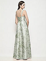 Rear View Thumbnail - Sage Cottage Rose Shaped Strap Basque Neck Floral Satin Maxi Dress with Pleated Skirt