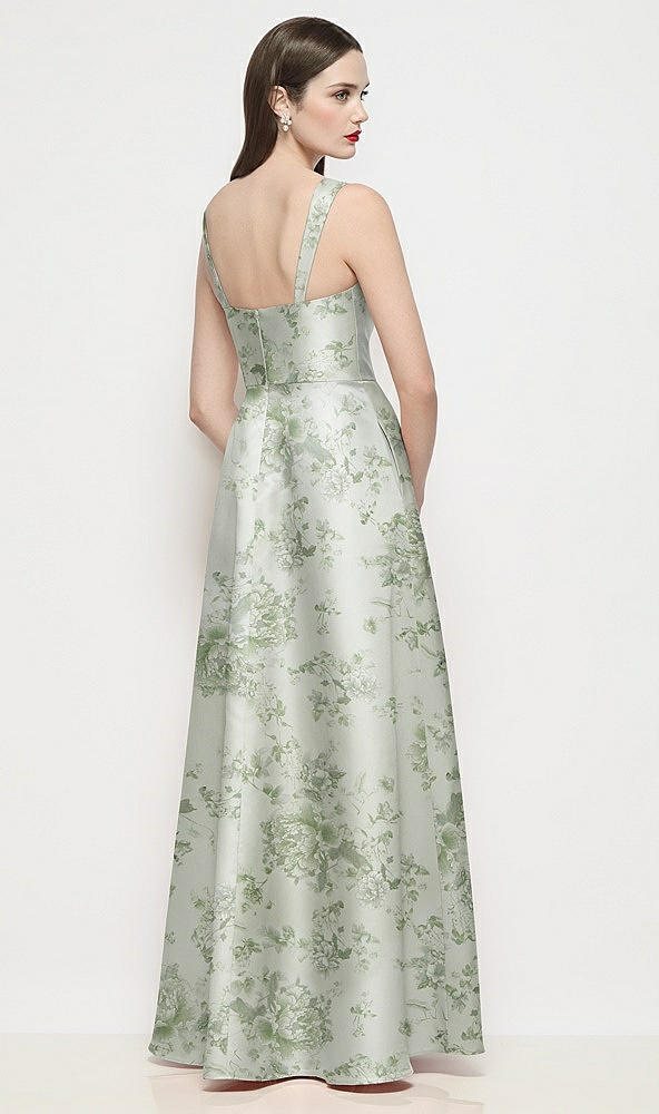 Back View - Sage Cottage Rose Shaped Strap Basque Neck Floral Satin Maxi Dress with Pleated Skirt
