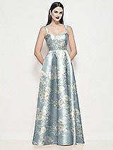 Front View Thumbnail - Porcelain Blue Seraphina Floral Shaped Strap Basque Neck Floral Satin Maxi Dress with Pleated Skirt