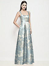 Side View Thumbnail - Porcelain Blue Seraphina Floral Shaped Strap Basque Neck Floral Satin Maxi Dress with Pleated Skirt