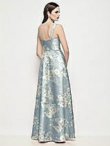 Rear View Thumbnail - Porcelain Blue Seraphina Floral Shaped Strap Basque Neck Floral Satin Maxi Dress with Pleated Skirt