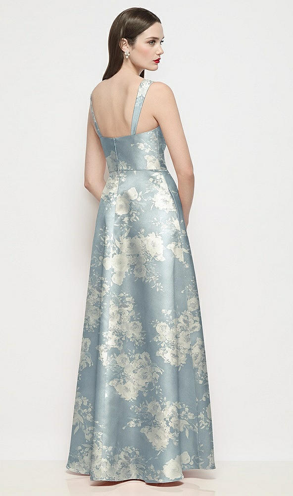 Back View - Porcelain Blue Seraphina Floral Shaped Strap Basque Neck Floral Satin Maxi Dress with Pleated Skirt