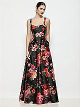 Front View Thumbnail - Wine Black Multi Shaped Strap Basque Neck Fleur de Villes Satin Maxi Dress with Pleated Skirt