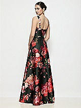 Rear View Thumbnail - Wine Black Multi Shaped Strap Basque Neck Fleur de Villes Satin Maxi Dress with Pleated Skirt