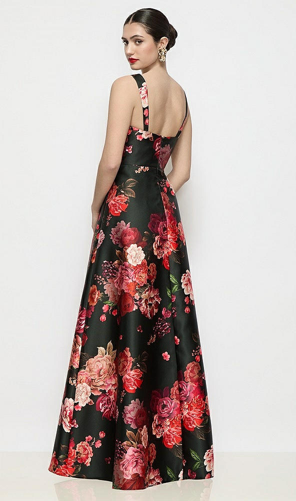 Back View - Wine Black Multi Shaped Strap Basque Neck Fleur de Villes Satin Maxi Dress with Pleated Skirt
