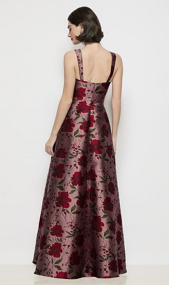 Back View - Wild Rose Shaped Strap Basque Neck Wild Rose Brocade Maxi Dress with Pleated Skirt
