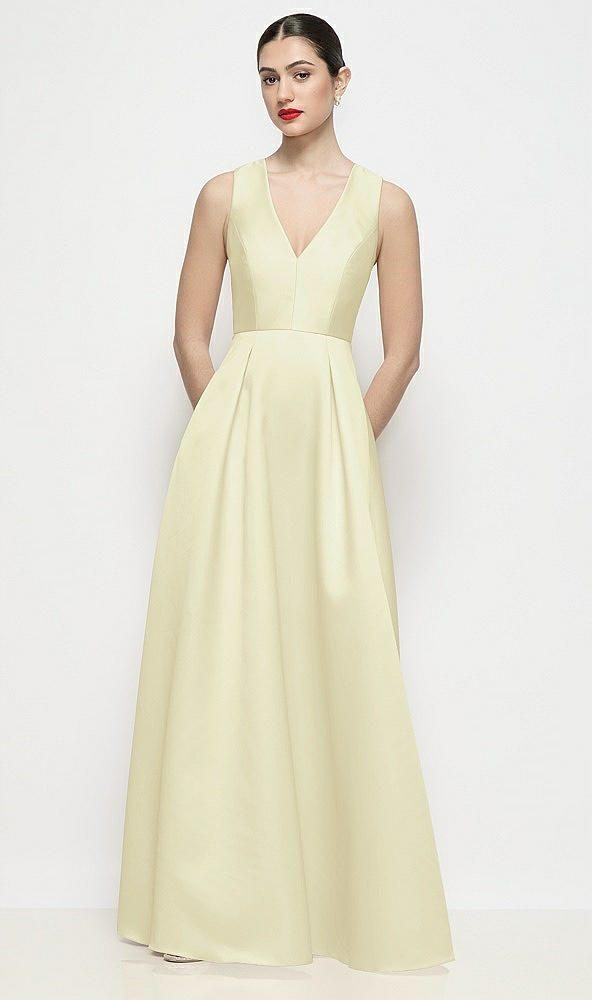 Front View - Butter Yellow Sleeveless V-neck Satin Maxi Dress with Pleated Skirt