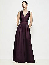 Front View Thumbnail - Deep Plum Sleeveless V-neck Satin Maxi Dress with Pleated Skirt