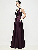 Side View Thumbnail - Deep Plum Sleeveless V-neck Satin Maxi Dress with Pleated Skirt