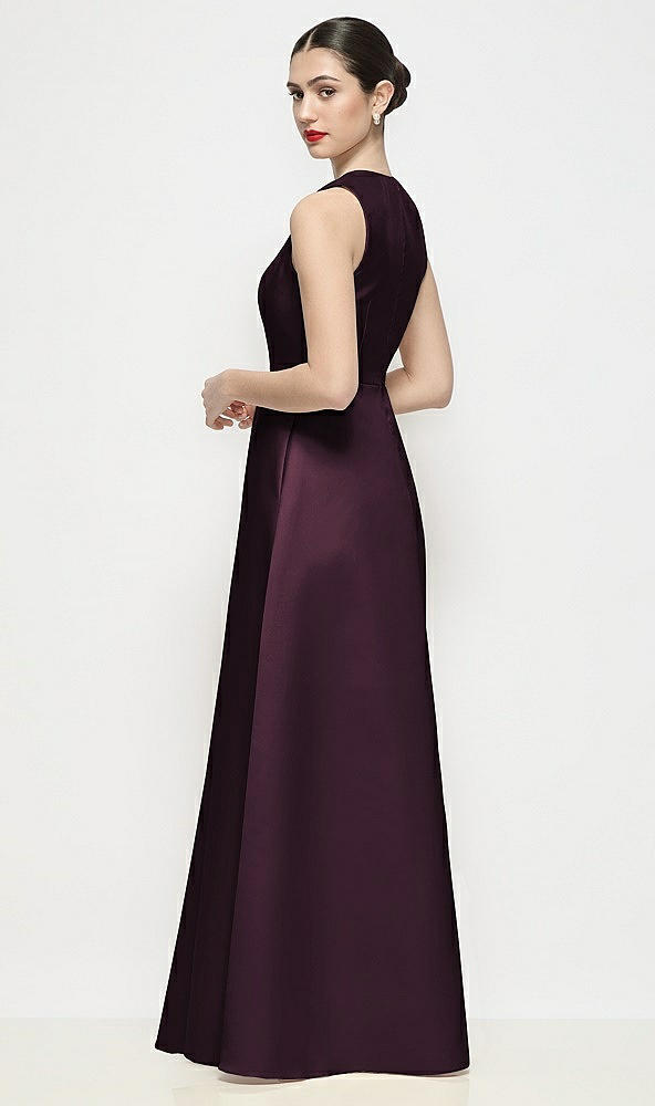 Back View - Deep Plum Sleeveless V-neck Satin Maxi Dress with Pleated Skirt