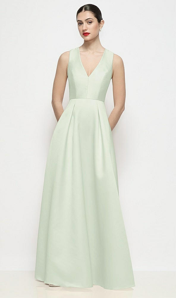 Front View - Mint Green Sleeveless V-neck Satin Maxi Dress with Pleated Skirt
