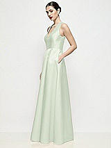 Side View Thumbnail - Mint Green Sleeveless V-neck Satin Maxi Dress with Pleated Skirt