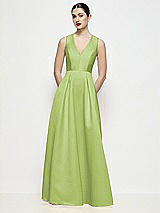Front View Thumbnail - Mojito Sleeveless V-neck Satin Maxi Dress with Pleated Skirt