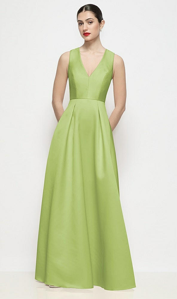Front View - Mojito Sleeveless V-neck Satin Maxi Dress with Pleated Skirt