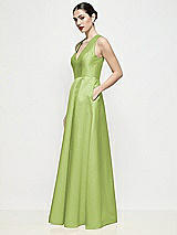 Side View Thumbnail - Mojito Sleeveless V-neck Satin Maxi Dress with Pleated Skirt