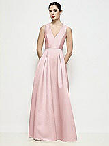 Front View Thumbnail - Ballet Pink Sleeveless V-neck Satin Maxi Dress with Pleated Skirt