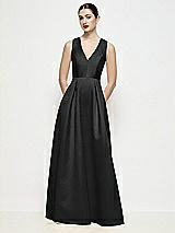 Front View Thumbnail - Black Sleeveless V-neck Satin Maxi Dress with Pleated Skirt