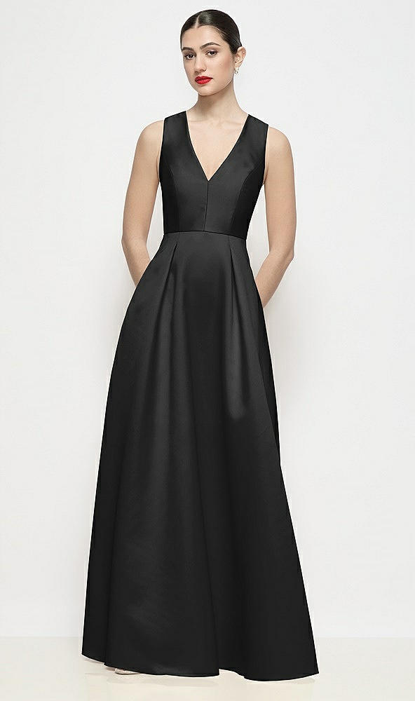 Front View - Black Sleeveless V-neck Satin Maxi Dress with Pleated Skirt