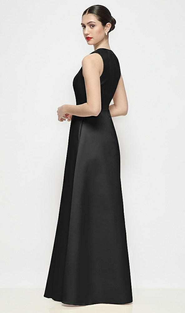 Back View - Black Sleeveless V-neck Satin Maxi Dress with Pleated Skirt