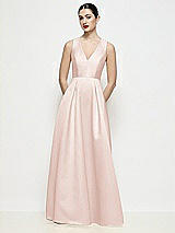 Front View Thumbnail - Blush Sleeveless V-neck Satin Maxi Dress with Pleated Skirt